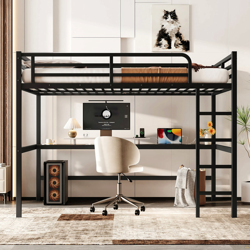 Grand lit mezzanine en métal avec prise de courant et éclairage à DEL, peu encombrant, réduit le bruit, Gris