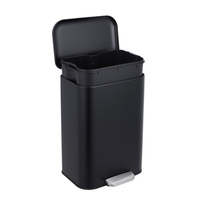 50L Black Stainless Steel Step Trash Can for Kitchen – Soft-Close Lid, Removable Inner Bucket, Fingerprint-Proof, Modern Rectangular Pedal Bin, 13 Gallon – 42.8×35.5×62cm