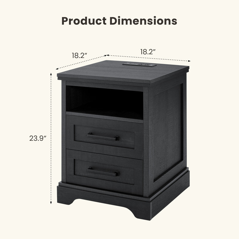 Farmhouse Nightstand with Charging Station and Large Drawers, Black, Individual
