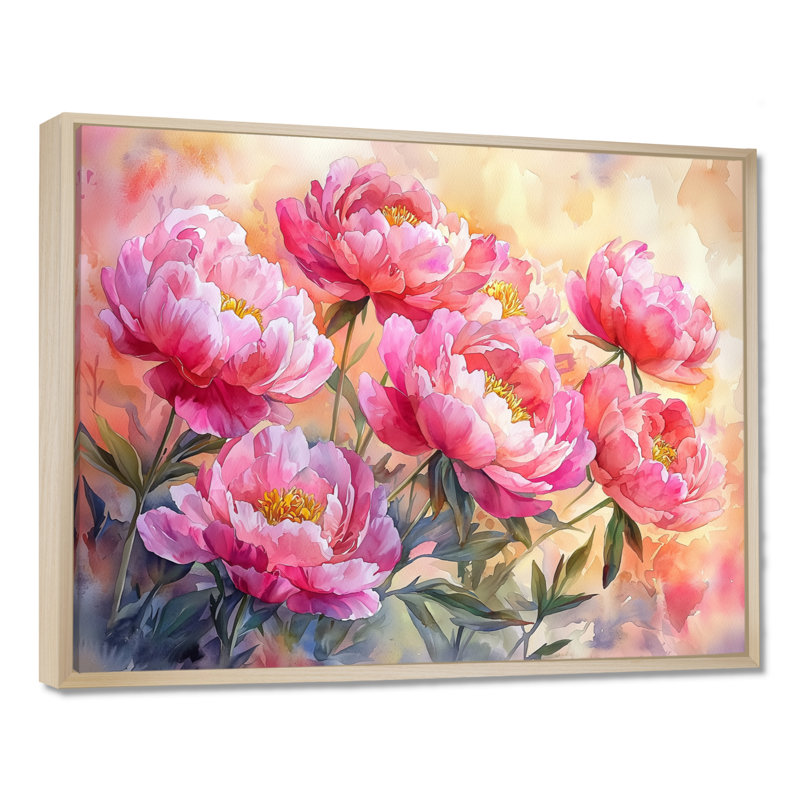 Ilhom pivoines au lever du soleil II - pivoines, art mural, H 30 po x l 40 po, Impression encadrée flottante, Crème, crème