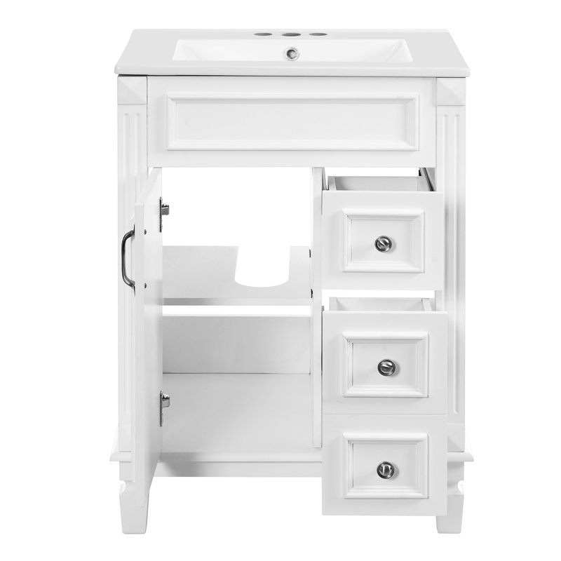 Meuble-lavabo moderne de 24 pouces équipé d'un lavabo en céramique, de 2 tiroirs et d'une tablette ajustable permettant de compter un petit espace de tiroirs de style français pour améliorer la salle de bain