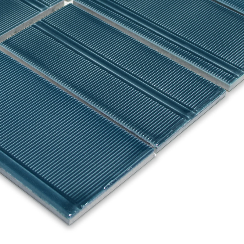 12" x 12.48" Glazed Brushed Texture Recycled Glass Wall Mosaic Tile, Blue