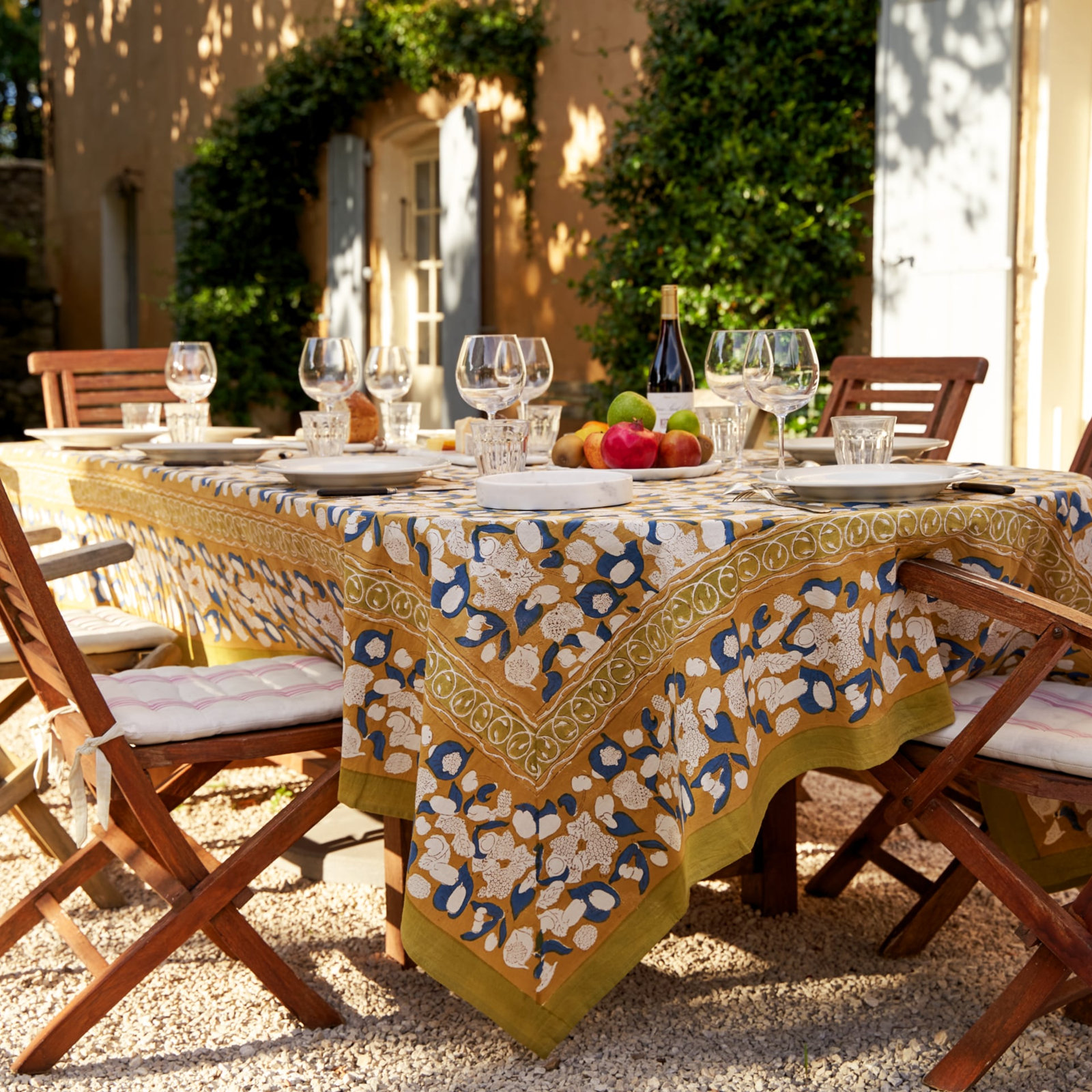Bryssa Floral Tablecloth, Mustard/Blue, 106" x 71"