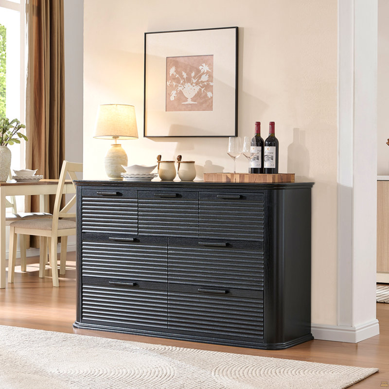 Commode cannelée à 7 tiroirs, commode moderne en bois de 52 po de largeur, Grain de bois noir
