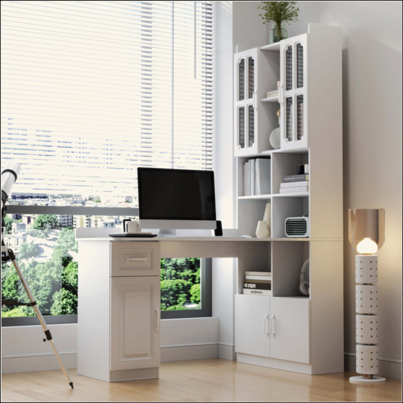 Bureau d'ordinateur d'angle en L pour bureau à domicile ou bureau d'étude, table d'étude de style moderne avec tiroirs, bibliothèque et huche, conception en L 2 en 1, grand espace de travail