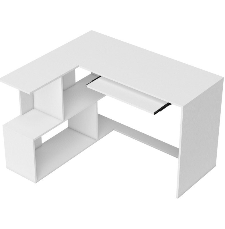 L-Shaped Corner Desk, Computer Desk with Keyboard Tray and Open Shelves, White Wood Effect