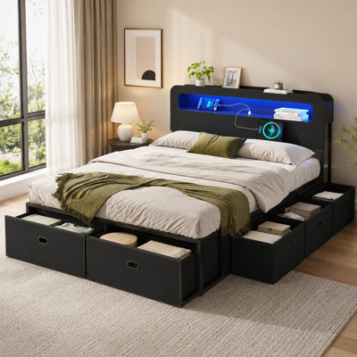 Structure de lit grand avec 8 tiroirs, tête de lit à DEL avec station de charge, ports USB et Type-C, lit plateforme en métal, aucun sommier nécessaire