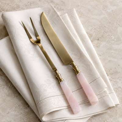 Ensemble élégant d'ustensiles à découper en acier inoxydable pour table de salle à manger - Ustensiles de cuisine avec poignées en quartz pour le divertissement et la restauration - Ensemble de 2, or et rose