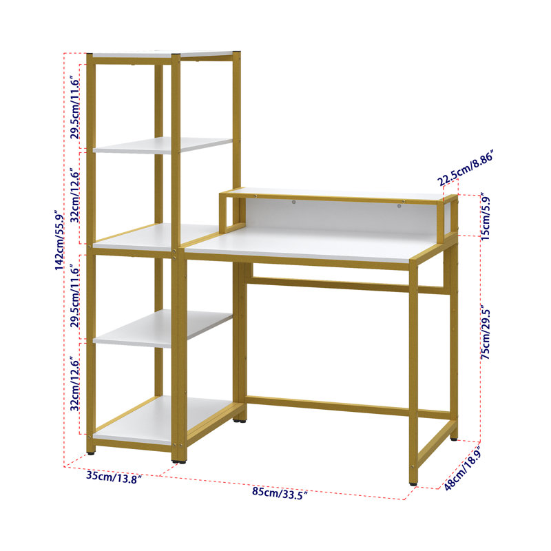 Bureau d'ordinateur en T Panos, Blanc / Doré, H 55,78 po x l 47,24 po x P 18,89 po