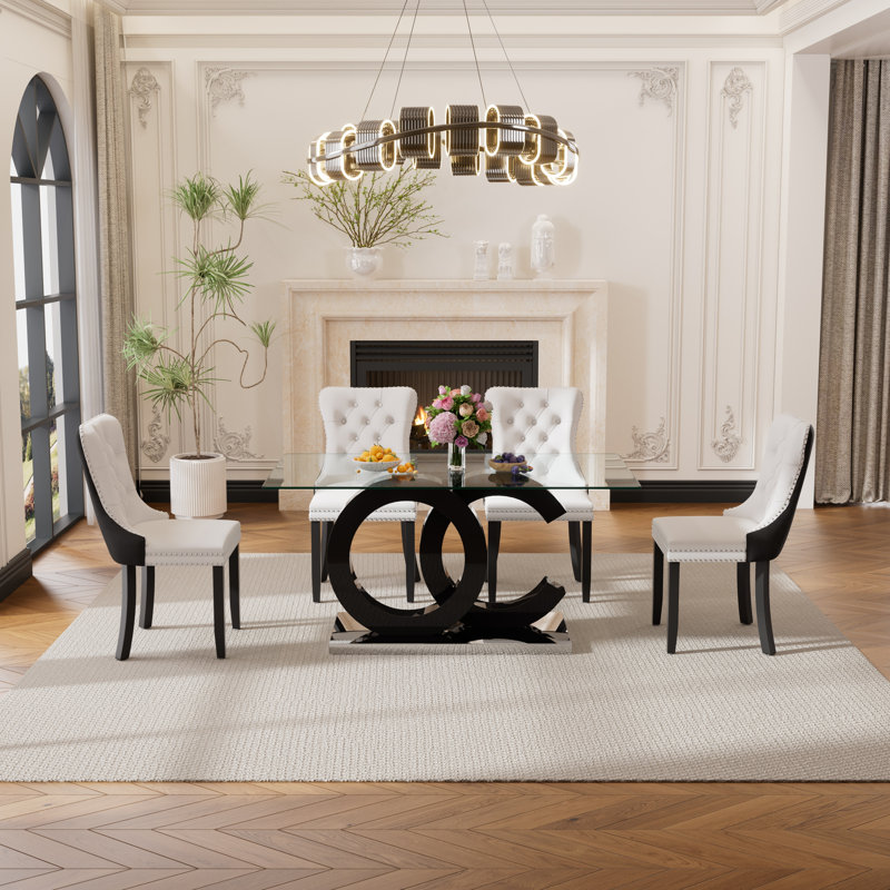Matthau 4 - Person Pedestal Dining Set, Black/White, Black