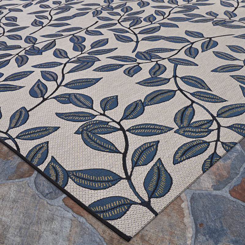 Dolce Floral Ivory Slate Blue Indoor Outdoor Area Rug, Rectangle 5'3" x 7'6"