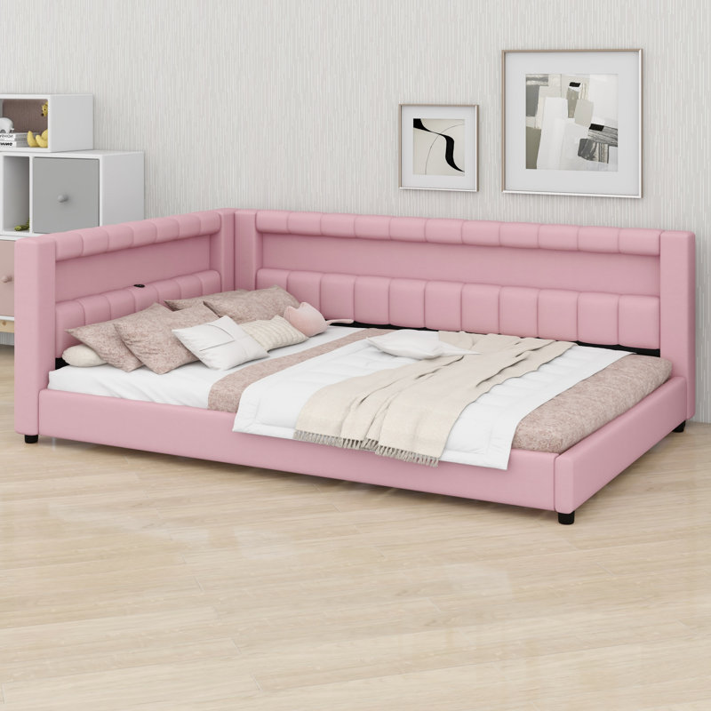 Modern Upholstered Platform Bed Featuring USB Ports and LED Belt, Double XL, Pink