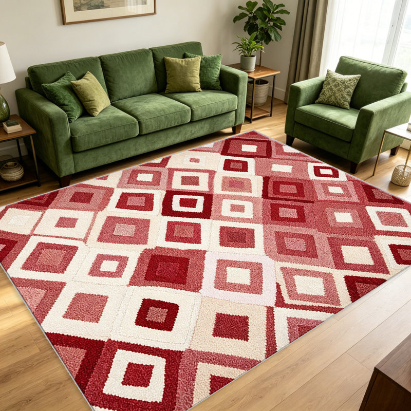 Blush & Red Concentric Diamond carpet-easy to clean, machine-washable, soft and comfortable; suitable for door mats, kitchens, living rooms, bedrooms, corridors, and laundry areas. Easy to clean, durable carpet for home decoration.