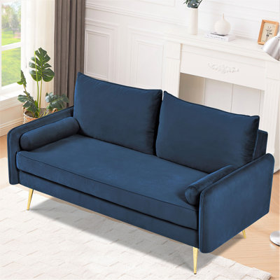 Mid-Century Velvet Sofa,Nailhead Upholstered Couch with Golden Metal Legs,Modern Large Sofa for Living Room
