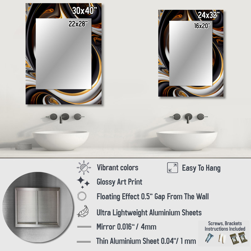 Liquid White Stained Glass VI - Abstract Spirals Wall Mirror, Gold Decorative Mirror, Printed Metal Art, 40" x 30"