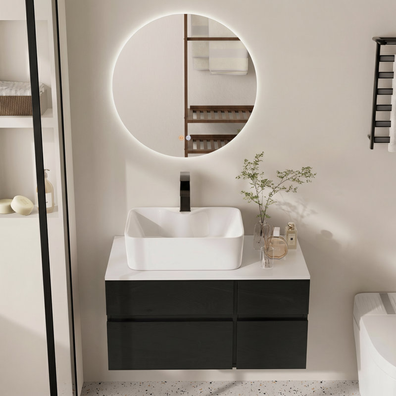 32" Modern Floating Bathroom Vanity with Sintered Stone Top and Ceramic Vessel Sink