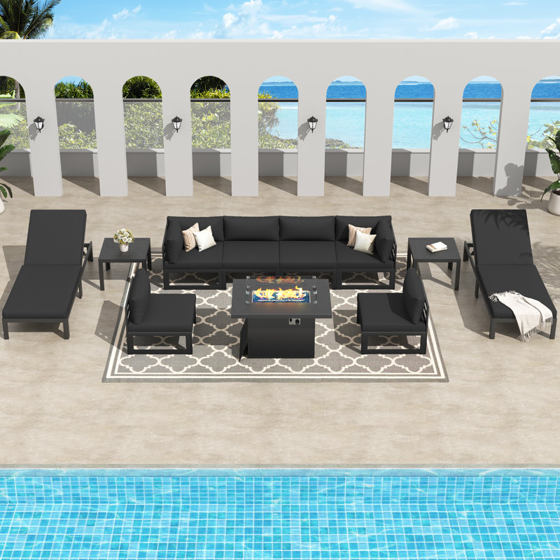 Glenita 8 - Person Outdoor Patio Aluminum Sectional Set with Firepit Table Chaise and Cushions, Black