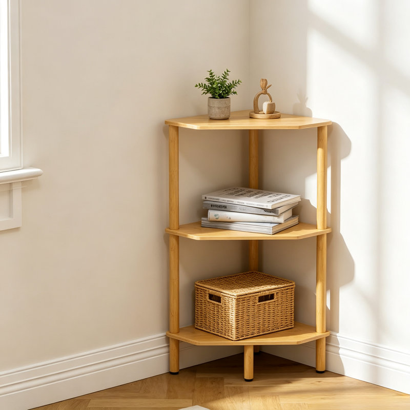 Tablette de coin en bambou avec pieds réglables - Support de rangement compact pour petits espaces