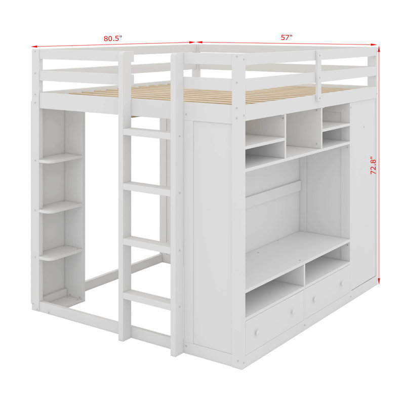 Lit mezzanine double avec tiroirs, tablettes et lumière, Blanc