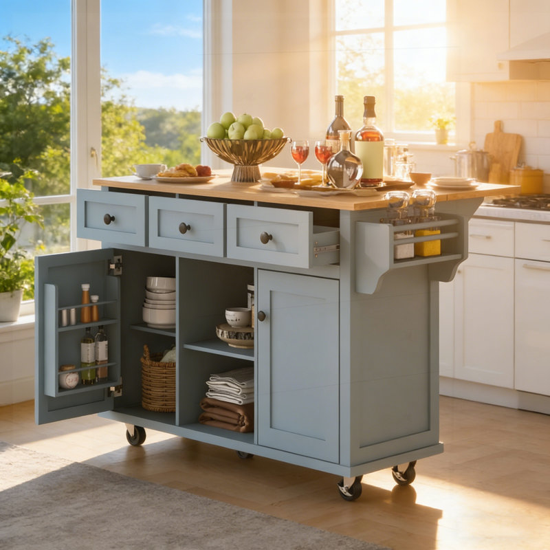 Chariot de cuisine polyvalent avec comptoir rabattable, rangement réglable et deux options de mobilité pour les maisons modernes.