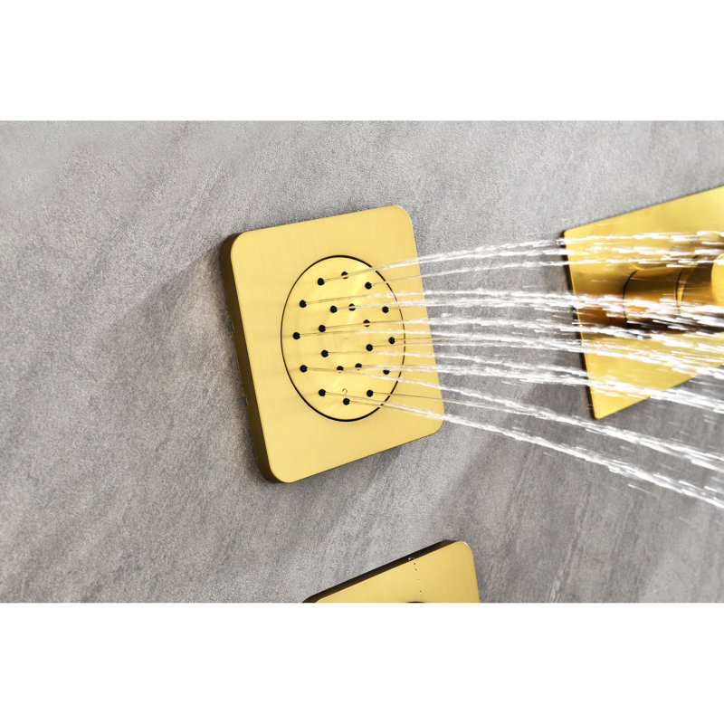 3 jets de corps et douche murale, or, système de douche au design naturel, laiton, façon