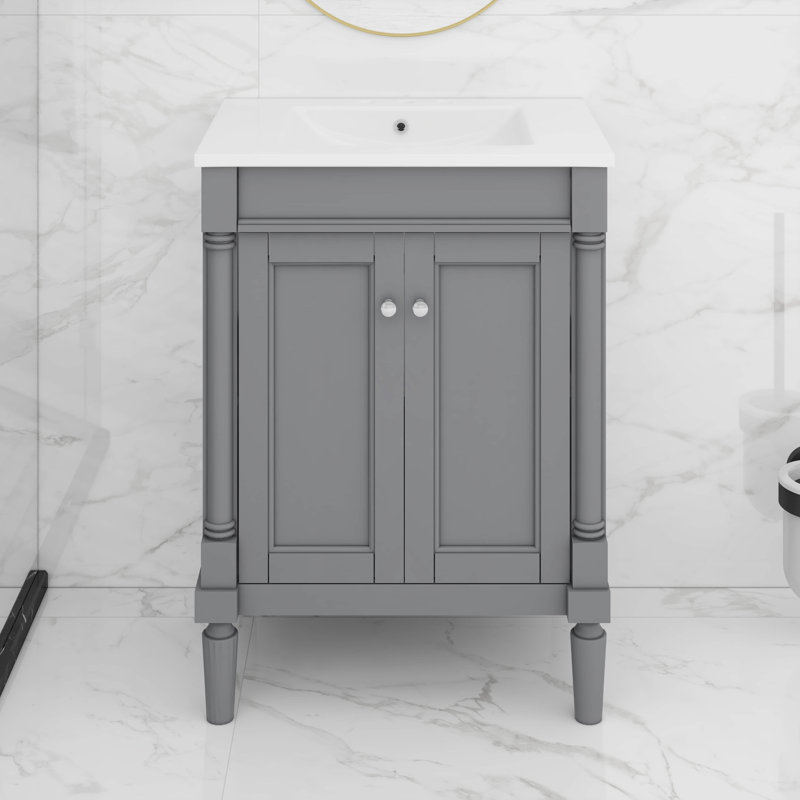 Armoire de rangement de salle de bain moderne à 2 niveaux avec grandes tablettes de rangement, Gris