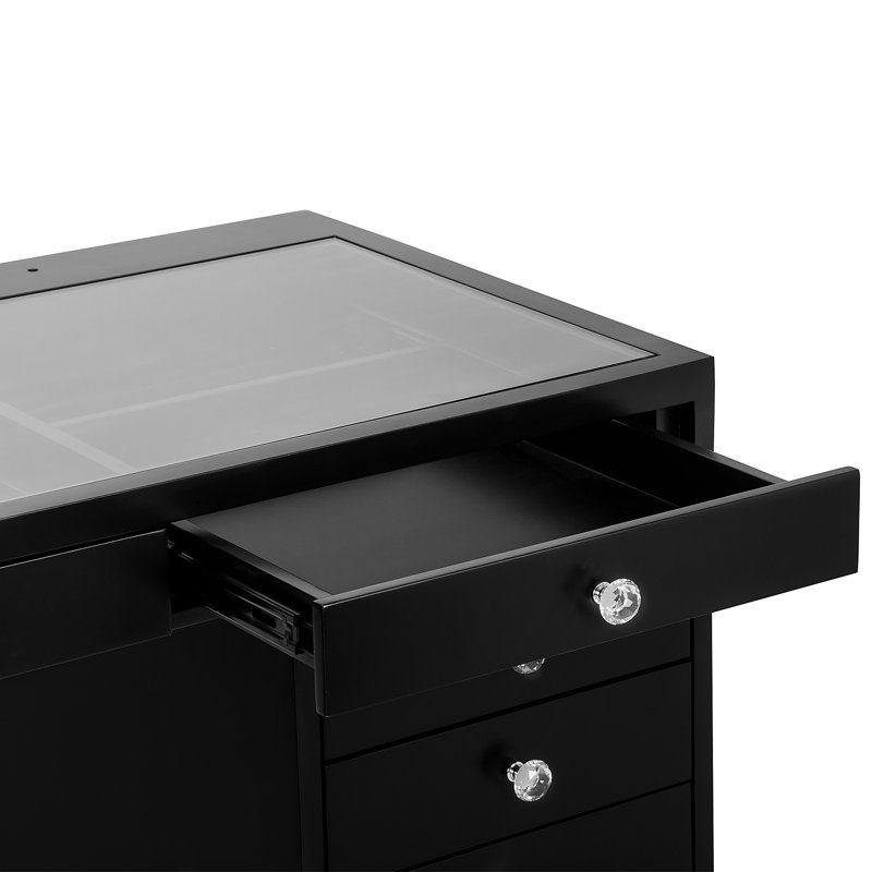 Bureau de maquillage Slaystation Pro Premium avec verre transparent, tiroirs à fermeture en douceur et boutons Crystal Lux