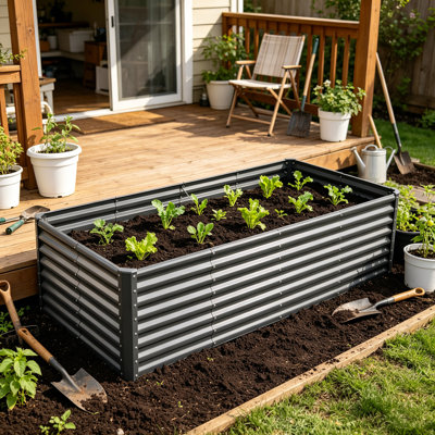 4x8 ft Metal Raised Garden Bed, 2 ft High Outdoor Galvanized Planter Box, Open Base for Vegetables & Flowers, Dark Gray