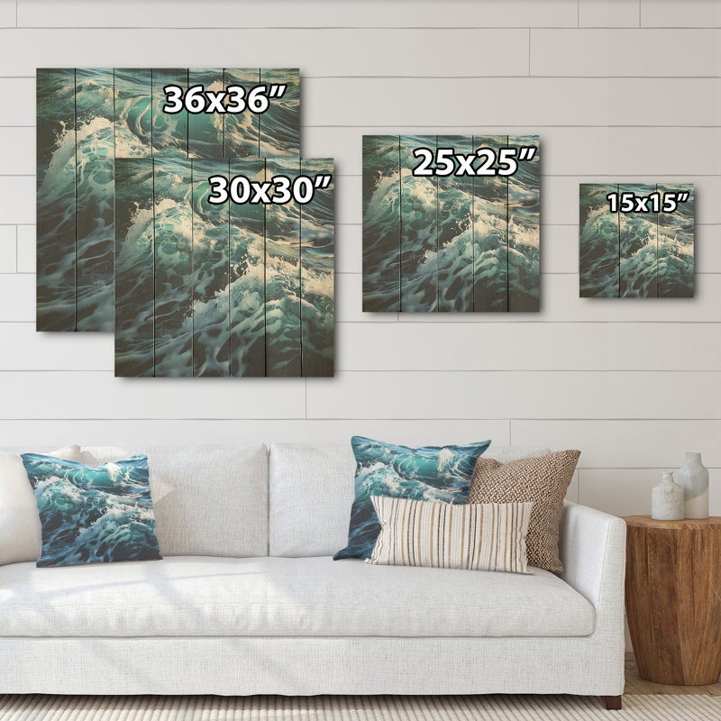 Fauvisme «Blue Waves I» - Art sur bois de pin naturel, H 15 po x l 15 po