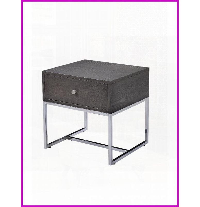 Table basse en chêne gris peu encombrant avec base chromée - tiroir doublé de feutre Dégagement de 14 po pour les petits espaces