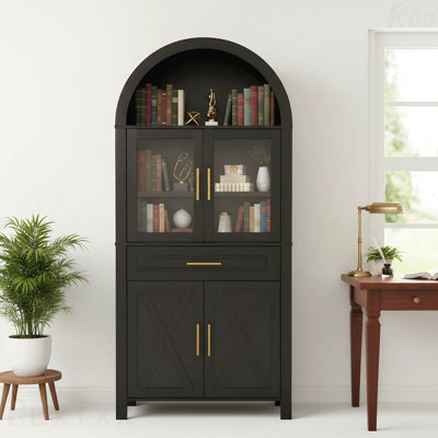 Armoire garde-manger de 71 po de hauteur arquée avec porte vitrée, armoire de rangement Farmhouse avec tablettes réglables et porte de grange pour la cuisine, le salon et la salle à manger, noir