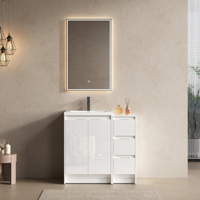 Meuble-lavabo autoportant de 36 po avec lavabo en résine et 1 armoire de rangement, portes et tiroir à fermeture en douceur, blanc brillant, contreplaqué (emballage KD)