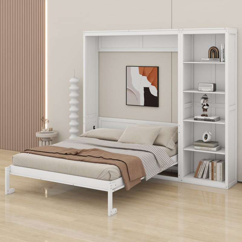 Lit escamotable élégant avec tablettes de rangement, Blanc