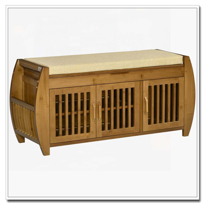 Banc à chaussures avec armoires de rangement, banc d'entrée en bambou avec coussin de siège, 3 portes