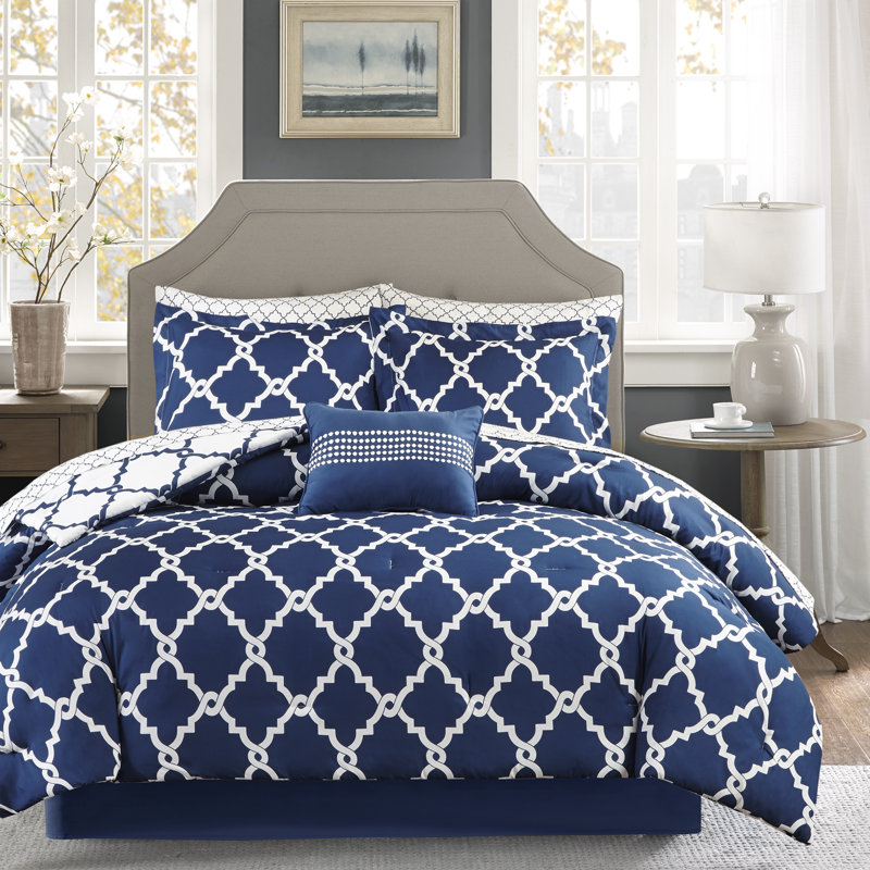 Merritt Microfiber Reversible Comforter Set with Cotton Bed Sheets, King Comforter + 2 Shams + 1 Bed Skirt + 1 Oblong , Navy