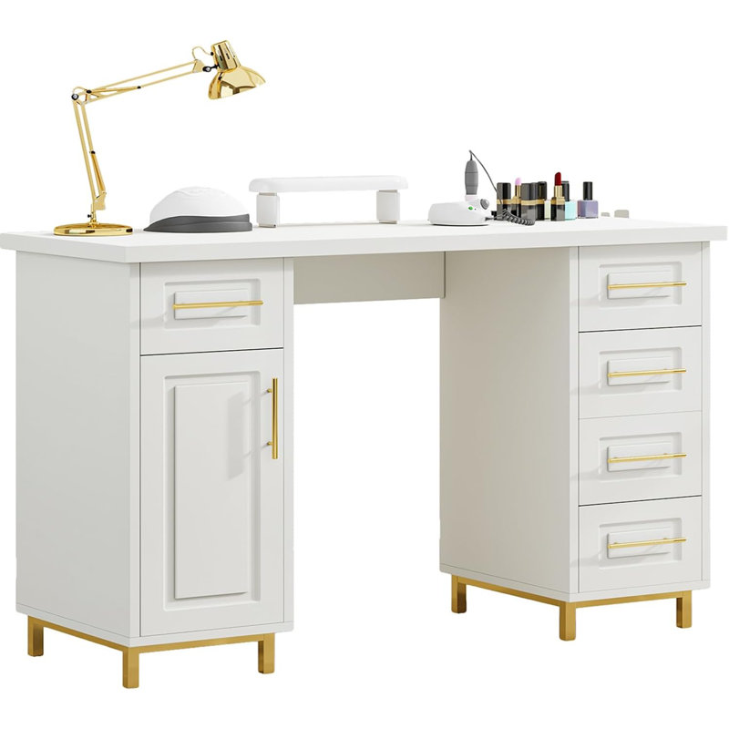 Bureau Nail Tech avec tiroirs, table de manucure de 43 pouces avec rangement pour Nail Tech, table de maquillage pour les ongles avec 5 tiroirs et armoire, bureau spa en bois