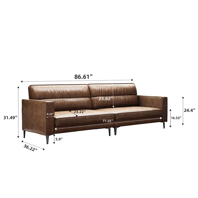 Tikira 86.61 in Large Double Seat Glossy Oil Wax Leather Sofa, Suitable For Living Room, Office, Brown