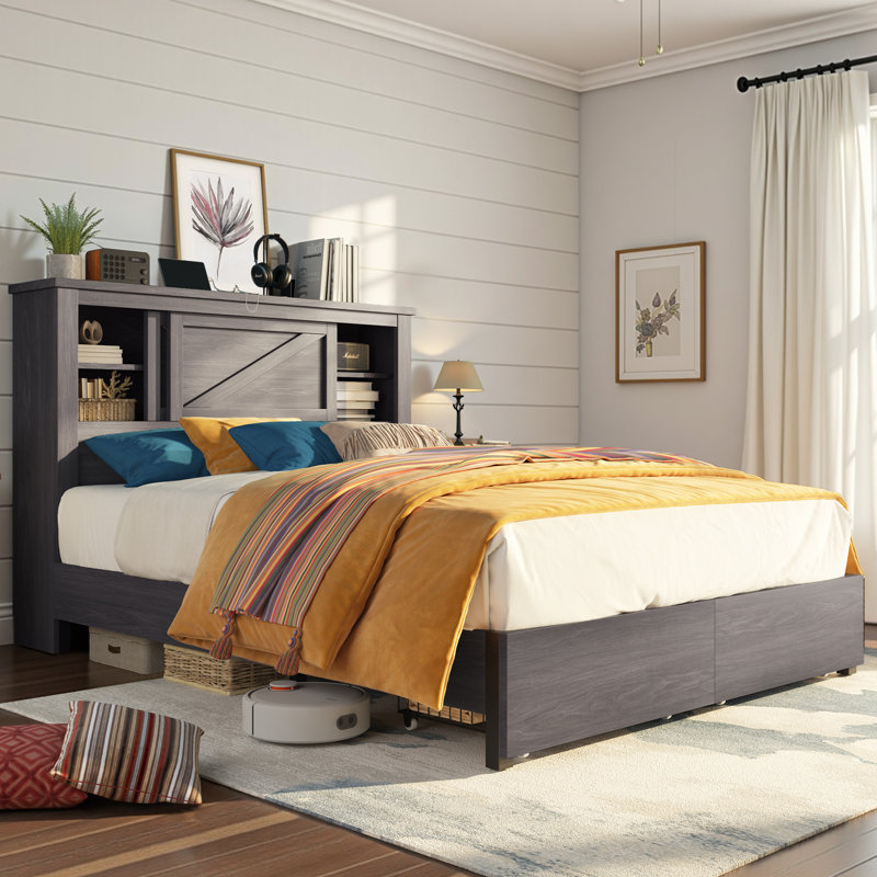 47.2"H Farmhouse King Size Bed with 2 Drawers & Bookcase Headboard, Grey, Grey, King