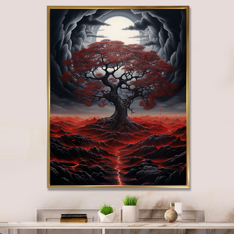 " Occult Red Tree Full Moon Mountain Magic ", Gold Floater Framed, 40" H x 30" W x 1.5" D