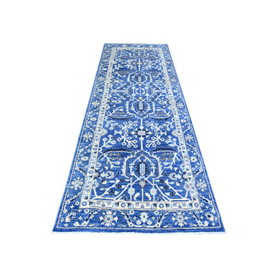 3'7"x10' Sapphire Blue Wool Fine Peshawar Hand Knotted Wide Runner Rug 8A60C5369587492083C5BC2D7B4DDF27
