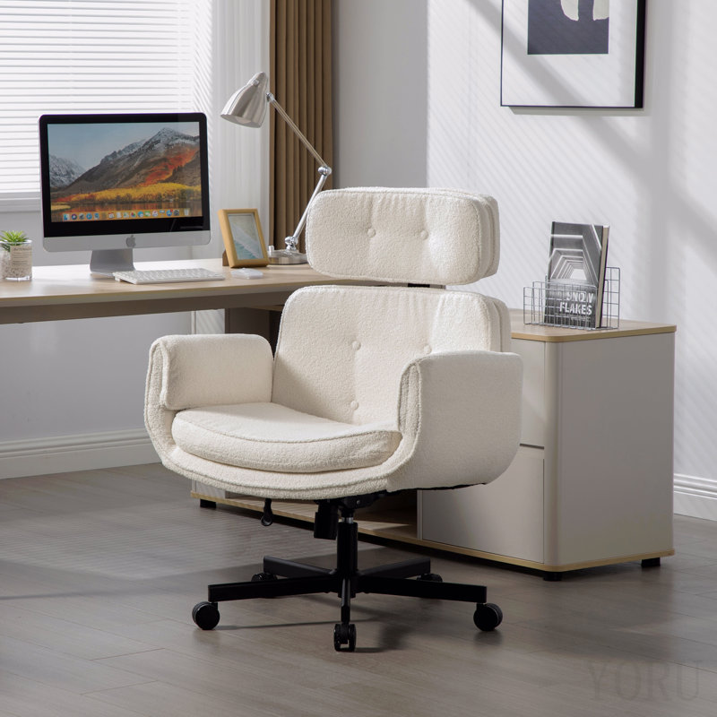 Criss Cross Chair With Adjustable Armrests & Wheels & Headrest, Lounge Vanity Desk Chair With Wide Seat For Cross-Legged Sitting, Swivel Task Office Chairs For Home, Makeup, Gaming, Office, Ivory