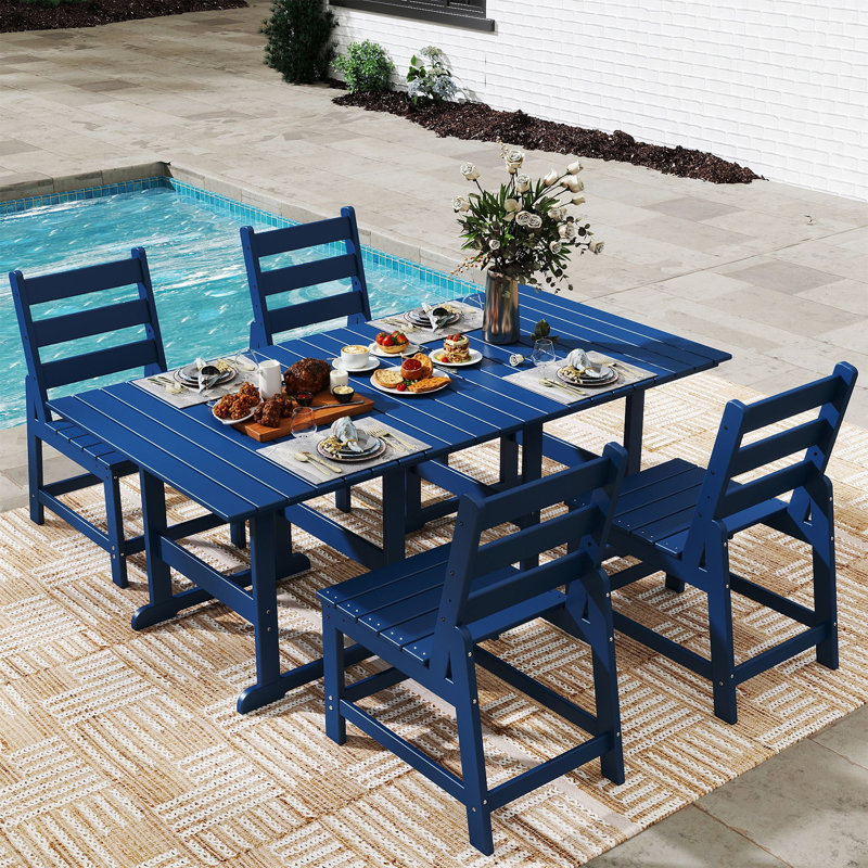 5- Piece Hdpe Outdoor Dining Set With Chairs & Umbrella Hole, Blue