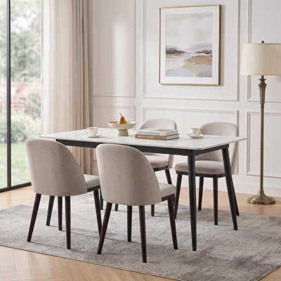 Ensemble de 4 chaises de salle à manger rembourrées en lin, style moderne du milieu du siècle - Chaises d'appoint pour table de cuisine et de salle à manger, pieds en bois d'hévéa massif, kaki clair - 2 boîtes, 4 pièces - Lin, kaki clair