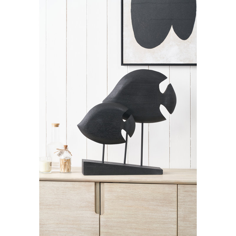 Handcarved Mango Wood Double Teardrop Angelfish Ornament, Black