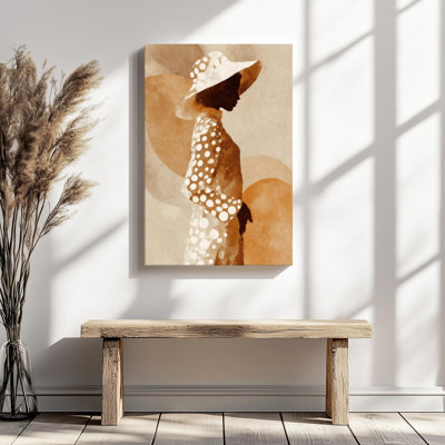 Silhouette de femme sépia en robe à pois et chapeau, art mural toile tendue avec cadre intérieur en bois massif, prêt à être accroché