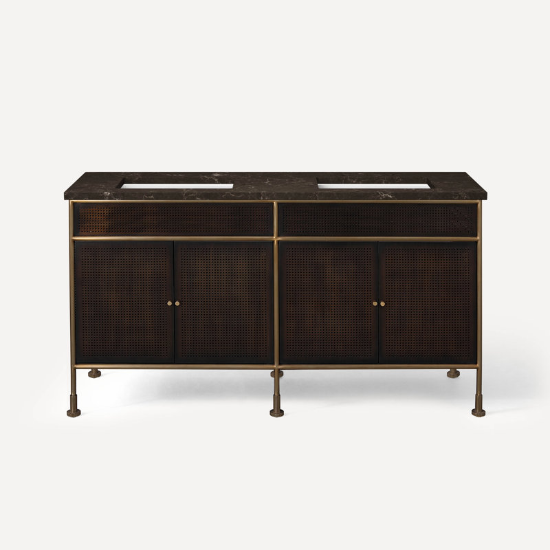 Meuble-lavabo double autoportant 60 po Mackey, Calypso, Laiton vieilli / bronze antique, Laiton vieilli