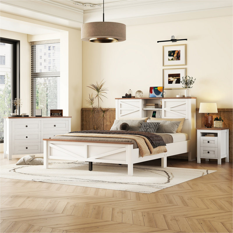 Ensemble de chambre à coucher 3 pièces (lit + 1 table de chevet + commode) avec station de charge, Blanc / brun, Grand