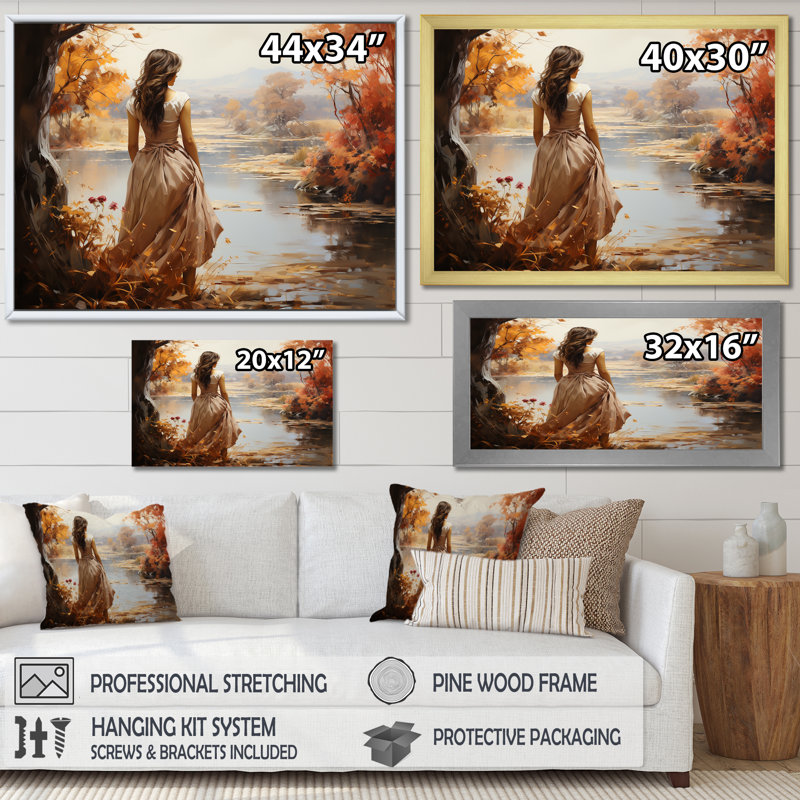 «Autumn Woman Dream Romantic Landscape», art mural paysage romantique, Cadre doré à coins fermés, H 16 po x l 32 po x P 1 po