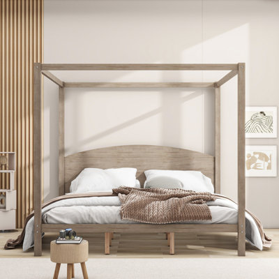 King Size Canopy Bed Frame with Headboard, Modern Platform Bed with Sturdy Support Legs for Master Bedroom