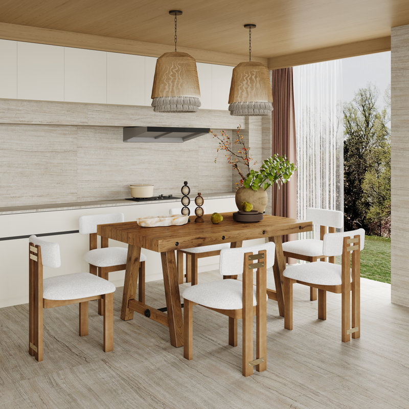 Rustic Solid Wood Dining Table And Chairs Set, Upholstered Dining Chairs And Solid Wood Dining Table, White/Brown, Natural